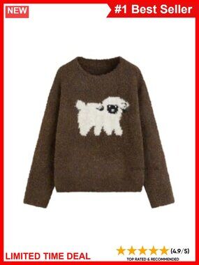 Oversized Wool Blend Sheep Pattern Pullover Sweater High Neck